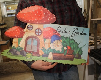 Large Lounging Gnome Mushroom Garden Sign Custom with UV Ink Printed Extra Detail We Use Your Actual Graphic and Contour Business Logo Wood