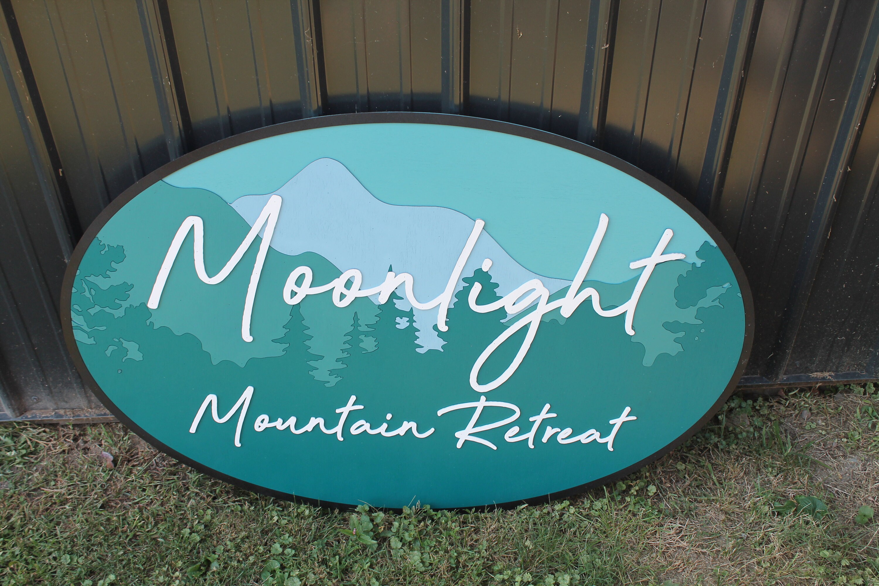 Ombre Moonlight Tree Line Forest Retreat Oval 3D Large Custom Signage Indoor Outdoor Laser Cut
