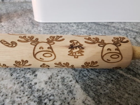 Reindeer, Deer, Christmas Tree, Candy, pottery, Texture, Embossed, Engraved, Wooden Rolling Pin, Cookie Stamp, Laser, Hardwood 10 inch