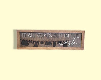 Rustic Laundry Room Wood Sign • “It All Comes Out in the Wash” • Farmhouse Clothesline Wall Decor