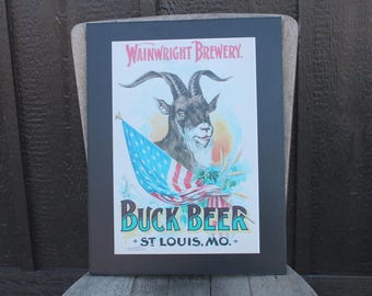 Vintage Buck Beer Poster – Wainwright Brewery St. Louis – Patriotic Goat Print – Bar Decor