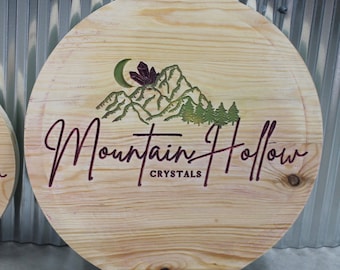 Custom Routed Engraved Color Filled Crystal Earthy Healing Mountain Trees Moon Business logo Sign Outdoor Personalized Natural Adventure