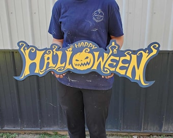 Plastic Halloween Sign Jack O Lantern Spooky Orange Black Prop Decor Fall Decoration Haunted Grave Yard Theme Large Porch Sitter PVC