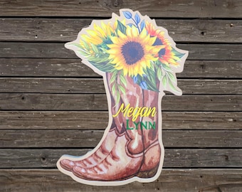 Custom Cowboy Boot Printed Wood Sign – Sunflower Western Decor – 3D Personalized Gift, Country Home
