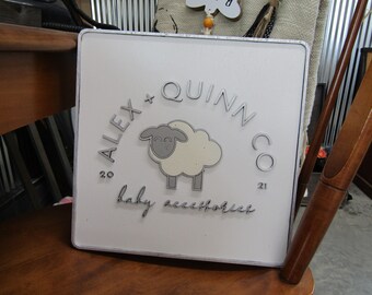 Custom Sign Square Business Commerical Signage Company Baby Lamb Sheep 3D Made to Order Co Store Front Small Shop Logo Wooden Handmade
