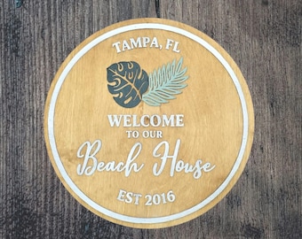 Custom Welcome to Our Beach House Wood Sign - Personalized 3D Laser‑Cut – Tropical Leaf Design – Coastal Home Decor