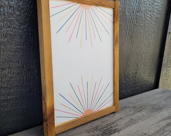 Rainbow Sun Wood Sign UV Framed Cute Colorful Pink Minimalistic Country Sunshine Blue Yellow Primitive Framed Wall Hanging Kids Girls Decor