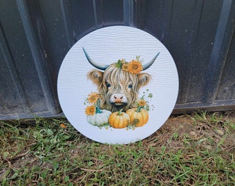 Cow Furry Highland Sign Flower Sunflower Printed Cow Lovers Porch Pumpkin Autumn Girl PVC Weatherproof Doorhanger Outdoor Use