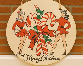 Retro Pin-Up Christmas Sign – Vintage Holiday Wall Art, Candy Cane Decor, Festive Wooden Hanging Display