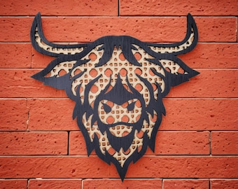 Rustic Rattan Bull Head Printed Wood Sign - 3D Laser‑Cut - Farmhouse Western Decor – Highland Cow