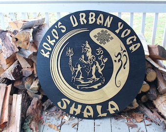 Large round business commercial entrance sign Lord Shiva Health and wellness sign black and gold made to order massage therapist sign décor
