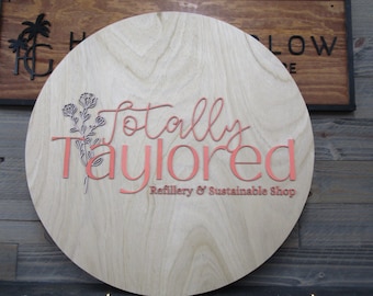 Personalized Refillery Thrift Store Wooden Sign Woodgrain Pink Floral Commerical Signage Natural Sustainable Raised Letters Logo Custom Sign
