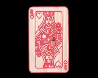 Wood‑Engraved Queen of Hearts Playing Card – Red Line Art Design on Natural Wood Décor