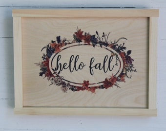 Hello Fall Colorful Wreath Wood Sign Rustic Wall Hanging Leaves Blue Mauve Natural Wood Framed Print Text Country Decoration Gift Simple