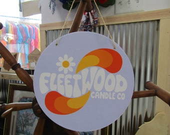 Groovy Fleetwood Candle Co Custom Round Lightweight Business Small Shop Printed On Wood Floral Your Logo Circle Booth Vendor Table Wall Sign