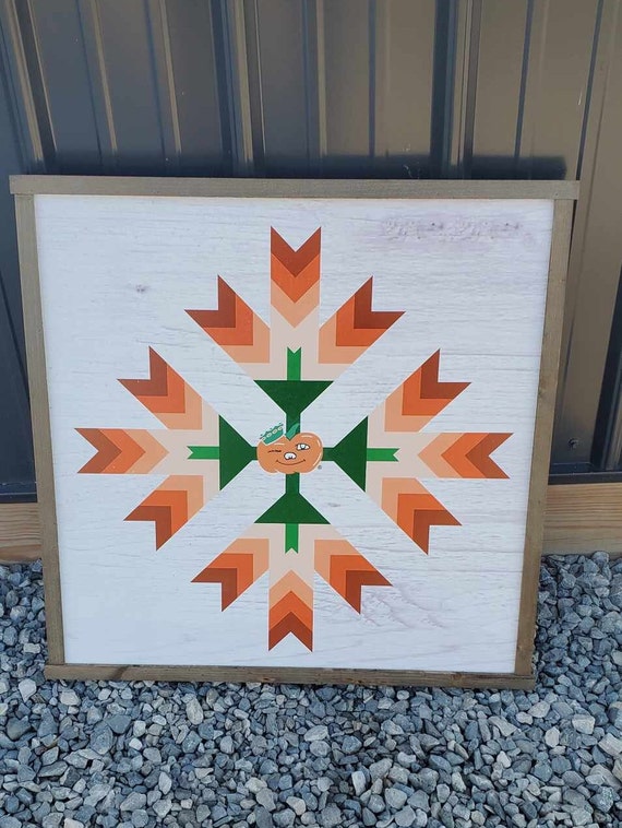Winky Pumpkin Ohio Gourd Small Town Barn Quilt Mascot Farm Decor Orange and Green White Wash Made Wood Outdoor Hang in Garden Star Flower