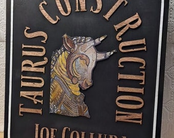 Construction Taurus Custom Sign Wood Laser Uvprinted Raised 3d Lettering Contour Cut Custom Business Sign Logo Owner
