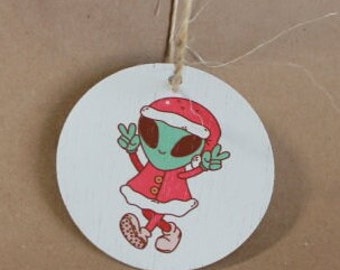Extraterrestrial Alien Peace Santa Suit Cryptic Ornament Collector  Mythical Printed  Keychain Giftable Gift for Him Gift for her  Wooden