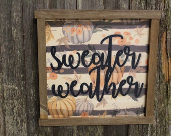 Sweater Weather Wood Sign Pumpkins Farmhouse Décor Autumn Fall Leaves Medium Framed Rustic Printed Script Black and White