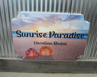 Sunrise Paradise Custom Logo Sign Rental BNB Signage Weatherproof PVC Sign Lake Mountains Sky Peaceful Trees Retreat Vacation