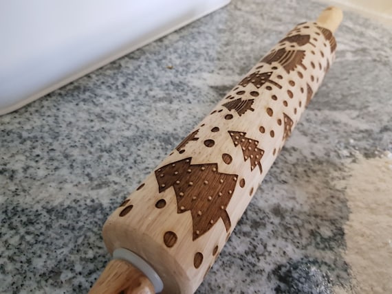 Christmas Tree, Winter, Rolling Pin, Embossed, Engraved, Wooden Rolling Pin, Cookie Stamp, Laser, Hardwood 10 inch, Design, Pottery,  Nature