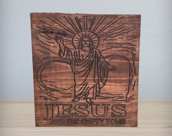 Jesus and the Empty Tomb Engraved Wooden Sign – Faith Wall Art – Christian Home Decor Gift