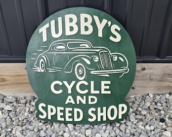 Vintage Style Custom 'Tubby's Cycle and Speed Shop' Wooden Garage Sign – Hot Rod Car Décor for Man Cave or Workshop