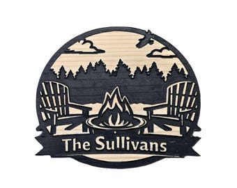 Custom Engraved Wooden Campfire Sign – Personalized Family Name Outdoor Décor with Adirondack Chairs and Forest Scene