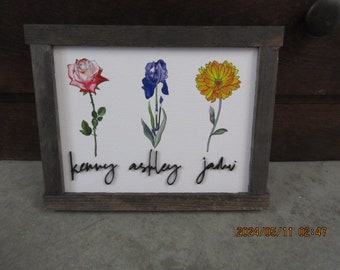 Personalized Birth flower Names Grandchildren Children Mothers Day Birthday Customized Decor Celebrate Gift Giftable Custom Handmade Sign