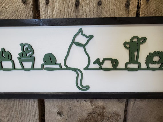 Cat, Cactus, Plants, Kitten, Sage, Silhouette, Bloom, Succulent, Garden,  Line Art, 3D, Raised Sign, Rustic, Farmhouse, Shabby Chic, Wood