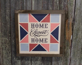 Home Sweet Home Barn Quilt Wood Sign Pastel Star Country Brown Framed Square Pattern Block Print Wall Art Farmhouse Primitive Rustic
