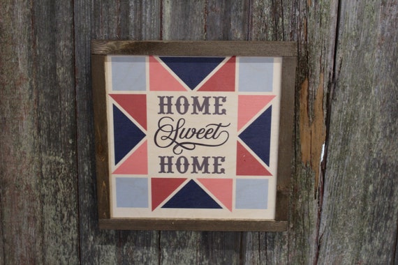 Home Sweet Home Barn Quilt Wood Sign Pastel Star Country Brown Framed Square Pattern Block Print Wall Art Farmhouse Primitive Rustic