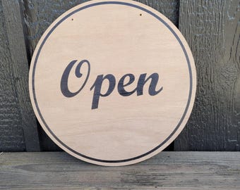 Open Window Hanging Small Business UV Wood Sign Commercial Signage Door Out Front Shop Round Circle Simple Modern Double sided