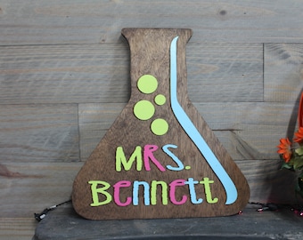 Custom Beaker Science Teacher Chemistry Experiment Personalize Sign Contoured Door Hanger Classroom 3D Made to Order Wooden Handmade