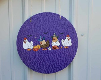 Chicken Hen Dress up Costume Witch Ghost Pumpkin Halloween Trick or Treat PVC Weatherproof Ultraviolet Ink Doorhanger Outdoor Use