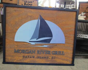 Bar and Grill River Food and Drink Eatery Sailboat Lake Life Commerical Signage Business Handmade Elevated Raised Lettering and Logo Custom