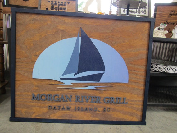 Bar and Grill River Food and Drink Eatery Sailboat Lake Life Commerical Signage Business Handmade Elevated Raised Lettering and Logo Custom