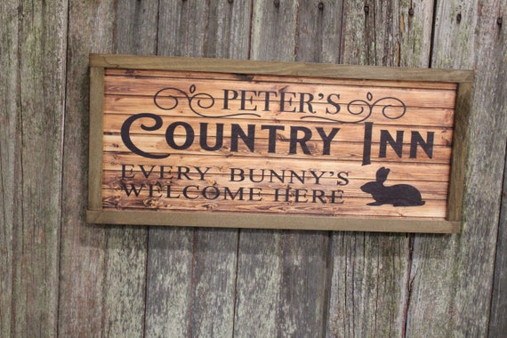 Peters Country Inn Wood Sign Bed and Breakfast B&B Bunny Rabbit Easter Spring Large Framed Wall Art Farmhouse Rustic Every Bunnies Welcome