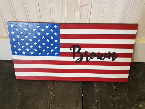 Personalized American Flag Family Name Last Name Wood Sign Proud to be an American Patriotic Stars and Stripes Independence Day Custom Laser