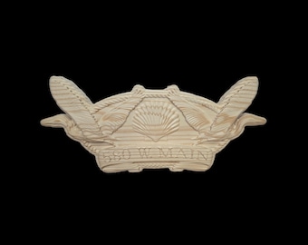 Custom Engraved Wooden Coastal Address Sign – Seashell and Heron Design, Unfinished Wood Décor