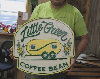 Coffee Shop Little Camper Coffee Bean Yellow Green Design Logo Image Large Round Custom Wood Sign Can Be Hanging Indoor Outdoor Minimalist