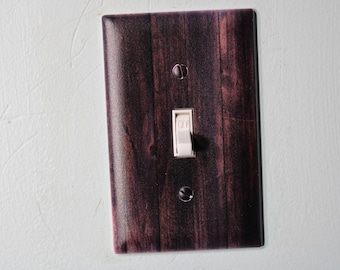 Rustic dark walnut wood color printed painted faux light switch wall cover plate