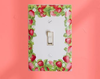 Strawberry Light Switch Cover – Cute Retro Berry and Leaf Border Illustration for Cottagecore, Kitchen, or Playful Home Decor