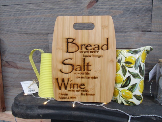 Anniversary Gift Fifth Year 5th Year Traditional Custom Cutting Board Quote Bread Salt Wine Engraved Bamboo Personalized Names Wedding Date