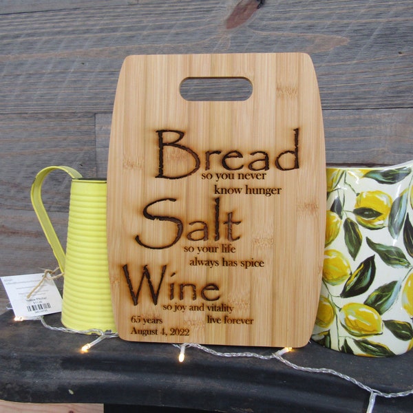 Anniversary Gift Fifth Year 5th Year Traditional Custom Cutting Board Quote Bread Salt Wine Engraved Bamboo Personalized Names Wedding Date