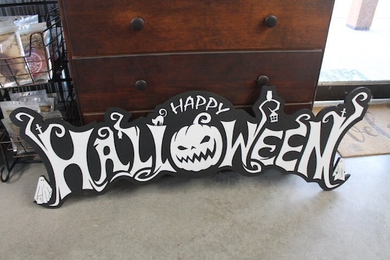 Halloween White and Black Jack O Lantern Ghost Sheet Boo Owl Wooden Decor Fall Autumn Decoration Sign  Haunted Grave Yard Theme