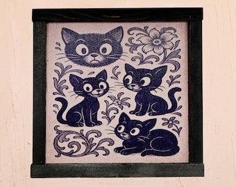 Whimsical Black Cat Sign – Playful Cartoon Cats with Floral Accents for Cute Vintage, Cottage, or Eclectic Home Decor