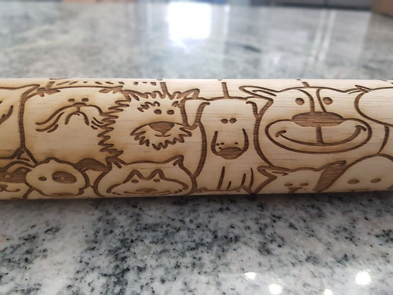 Dog, Cat, Puppy, Kitten, Pets,  Texture, Rolling Pin, Embossed, Engraved, Wood, Cookie Stamp, Laser, Hardwood 10 inch, Design, Pottery