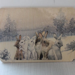 Bunny Rabbit Hare Winter Snow Forest Scenery Rustic Vintage Wooden Sign Wall Decor Art Plaque Wood Print