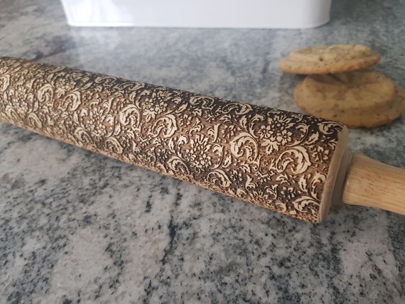 Flourish, Texture, Embossed, Engraved, Wooden Rolling Pin, Cookie Stamp, Laser, Hardwood 10 inch, Design, Pattern, Nature, pottery floral